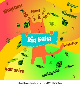Big Sale banner. Funny cartoon cat with poster on abstract colorful background. 