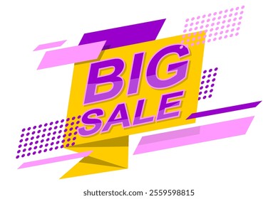 Big Sale Banner Icon with Ribbon Decoration, Simple Vector Template in Yellow, Purple, and Pink, Editable and Scalable EPS File for Promotions and Marketing on White Background