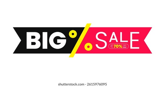 Big sale banner label with ribbon and percent icon in flat design. For logo, seal, tag, sign, discount, seal, symbol, badge, stamp, sticker, emblem. Vector illustration