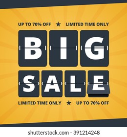 Big sale banner. Mechanical countdown letters. Black and yellow colors in flat style. Vector illustration for print or web.