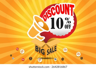 Big sale banner with megaphone and discount text coming out of a box on orange burst background with percent and off icons