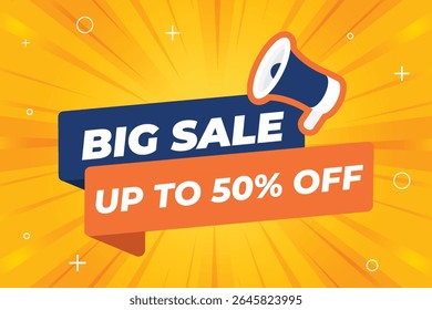 Big Sale Banner with Megaphone and Discount Announcement. Perfect for advertising, marketing, and ecommerce promotions.
