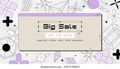 Big sale banner, old computer style background with abstract geometric shapes. Futuristic retro minimalist template, vector illustration