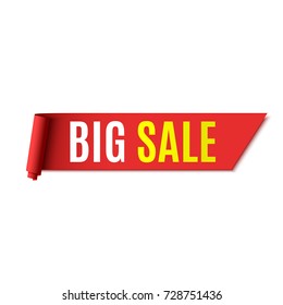 Big sale banner on white background. Red ribbon. Vector illustration.