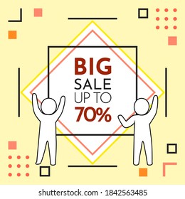 Big sale banner with people silhouettes standing near advertising poster with lettering up to 70%. Characters show their hands to the broadsheet, discount shopping time, new season sale illustration