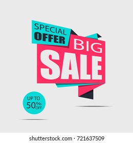 Big sale banner. Pink and blue discount poster on a light background, Sale tag, label, badge. White and black text. Special offer. Up to 50% off. Vector illustration, eps10