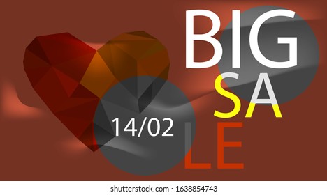 Big sale banner with big polygon heart in orange and yellow colors with place for text. Promotions for 14 february. Valentine's day background