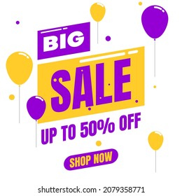 big sale banner or poster design in purple and yellow on white background