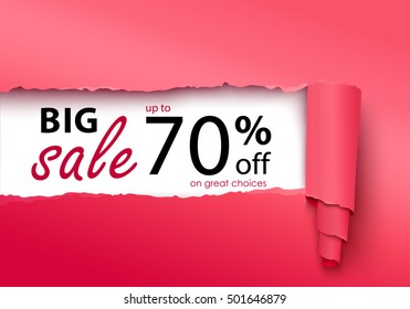 Big sale banner in the realistic torn paper design. Pink detailed paper scroll. Vector illustration