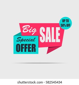 Big sale banner. Red discount poster. Special offer. Up to 50% off. Sale tag, label, badge, sticker, flat style. Vector illustration, eps10
