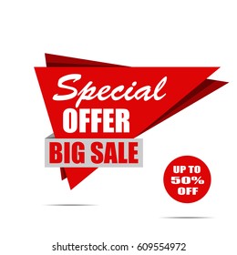 Big sale banner. Red discount poster. Special offer. Up to 50% off. Sale tag, label, badge, sticker, flat style. Vector illustration, eps10