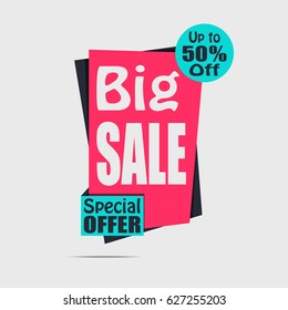 Big sale banner. Red discount poster, Sale tag, label, badge, sticker, flat style. Special offer, Up to 50% off. Circle. Vector illustration, eps10