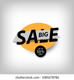 Big sale banner with shadow. Yellow discount poster on a light background, Sale tag, label, badge, sticker. Offer, up to 50% off. Vector illustration, eps10