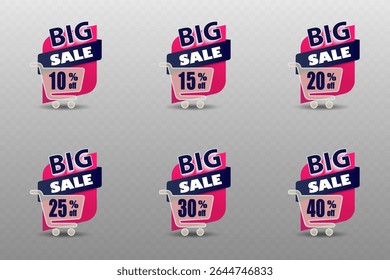 Banner grande venda com carrinho de compras e elementos modernos de design rosa e azul.