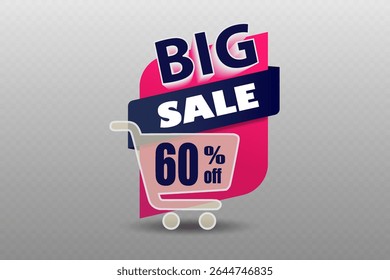 Banner grande venda com carrinho de compras e elementos modernos de design rosa e azul.