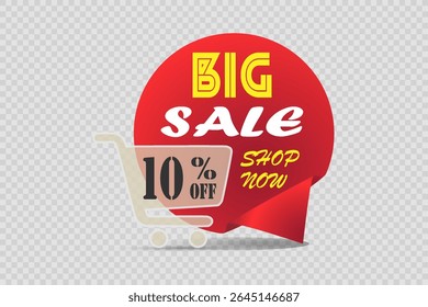 Big sale banner with shopping cart icon and red ribbon for online store promotion.