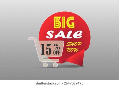 Big sale banner with shopping cart icon and red ribbon for online store promotion.