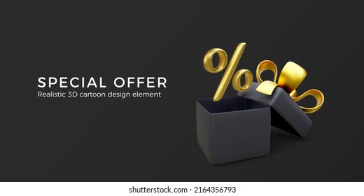 Big sale banner. Special offer and discount sale. Black open gift box with percent sign in gold color. Vector illustration 