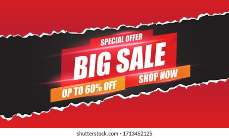 Big Sale banner speed light layout on red background with discount percents off. Template design for list, page, mockup brochure style, banner, idea, cover, booklet, print, flyer and book.