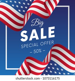 Big sale banner or sticker. Special offer. Fifty percent off. USA flag. Vector illustration.