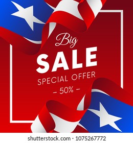 Big sale banner or sticker. Special offer. Fifty percent off. Puerto Rico flag. Vector illustration.