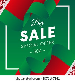 Big sale banner or sticker. Special offer. Fifty percent off. Belarus flag. Vector illustration.