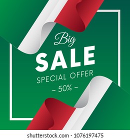 Big sale banner or sticker. Special offer. Fifty percent off. Italy flag. Vector illustration.