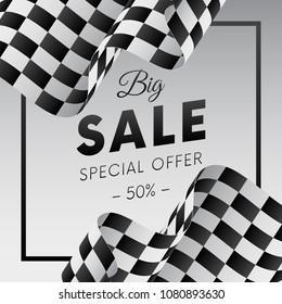 Big sale banner or sticker. Special offer. Fifty percent off. Checkered flag. Vector illustration.