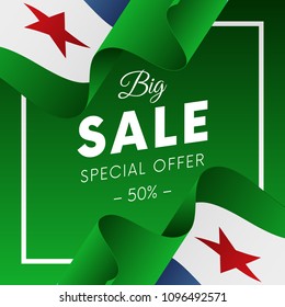 Big sale banner or sticker. Special offer. Fifty percent off. Djibouti flag. Vector illustration.