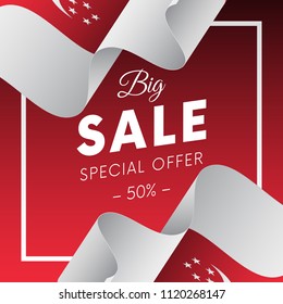 Big sale banner or sticker. Special offer. Fifty percent off. Singapore flag. Vector illustration.