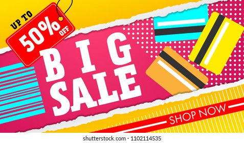 Big sale banner template colorful with paper torn and shopping elements vector illustration