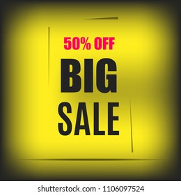 Big sale banner template design. Yellow discount poster, Sale tag, label, badge, sticker. Offer, 50% off. Vector illustration, eps10