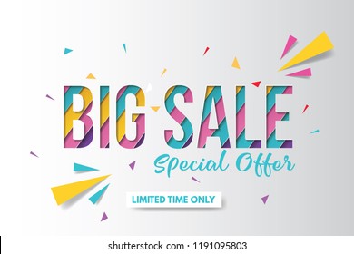 Big sale banner template design. Banner design with paper cut background. Paper art and craft style.