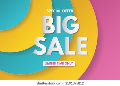 Big sale banner template design. Banner design with paper cut background. Paper art and craft style.