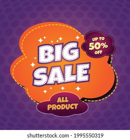 big sale banner template design with purple dots background and cloud backdrop behind the text.