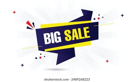 Big sale banner template design with white background, featuring blue, yellow, and red shapes, perfect for eye catching promotions and marketing.