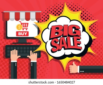 Cartel de la gran venta. Fondo vectorial en estilo de arte pop. Ilustración del vector
