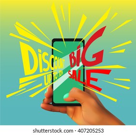 Big sale banner. vector illustration. Realistic woman's hand holds smartphone