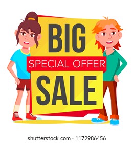 Big Sale Banner Vector. School Children, Pupil. Funny Character. Up To 50 Percent Off Badges. Isolated Illustration

