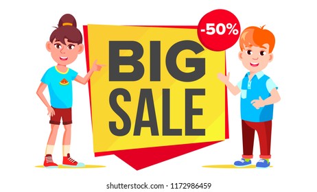 Big Sale Banner Vector. School Children, Pupil. Template Brochure. Special Offer Templates. Best Offer Advertising. Isolated Illustration
