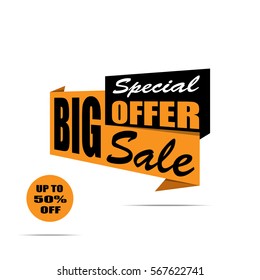 Big sale banner. Yellow and black discount poster. Special offer. Up to 50% off. Vector, eps 10.
