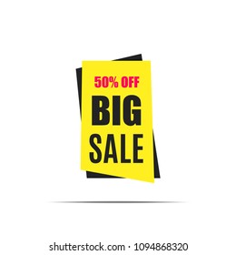 Big sale banner. Yellow discount poster with shadow on a light background, Sale tag, label, badge, sticker. Offer, 50% off. Vector illustration, eps10