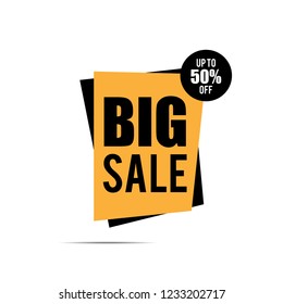 Big sale banner. Yellow discount poster. Sale tag, label, badge, sticker. Offer, Up to 50% off. Vector illustration, eps10