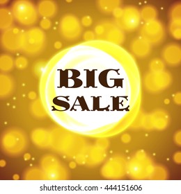 Big sale banner.Frame on golden blurred background with bokeh effect