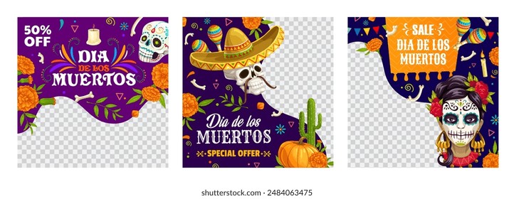 Big sale banners, Day of the Dead mexican holiday special offer vector templates. Dia de los Muertos cartoon Catrina Calavera character and skulls with sombrero, marigold flowers and Mexico pattern