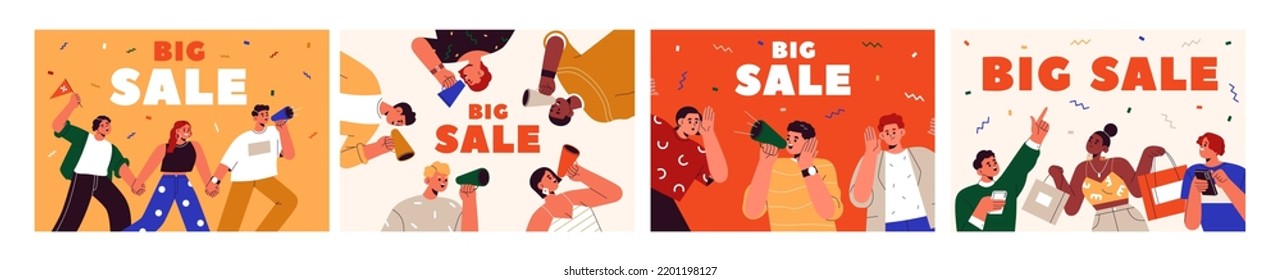 Big sale banners designs. Ad backgrounds for shopping event promotion. Advertisement templates set with happy people announcing price off, discount with loudspeaker. Colored flat vector illustrations