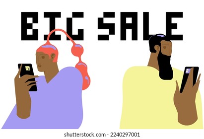 Big sale banners designs. Ad backgrounds for shopping event promotion. Advertisement templates set with happy people announcing price off. Colored flat vector illustrations