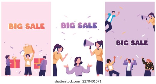 Big sale banners designs. Ad backgrounds for shopping event promotion. Advertisement templates set with happy people announcing price off, discount with loudspeaker. Colored flat vector illustrations
