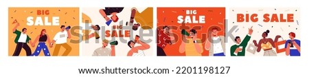 Big sale banners designs. Ad backgrounds for shopping event promotion. Advertisement templates set with happy people announcing price off, discount with loudspeaker. Colored flat vector illustrations