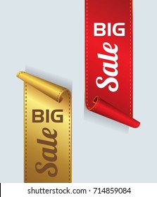 Big Sale Banners. Red and gold curved ribbon Vector illustration